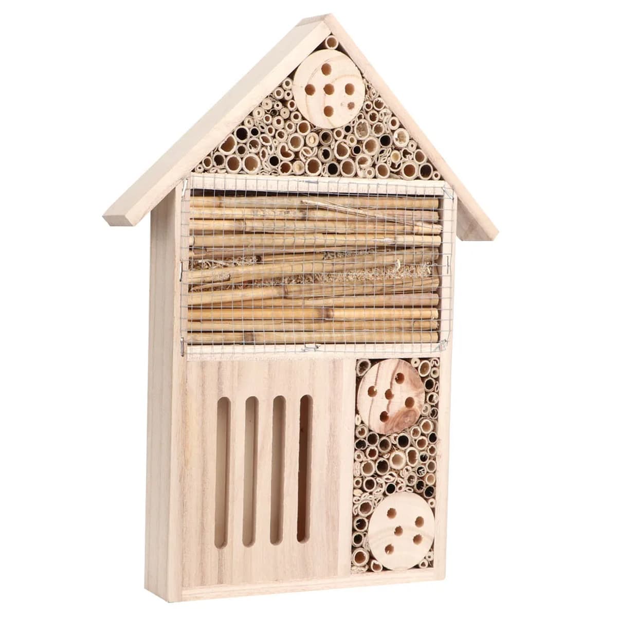 Abri à insectes en bois avec une large section de tubes de bambou