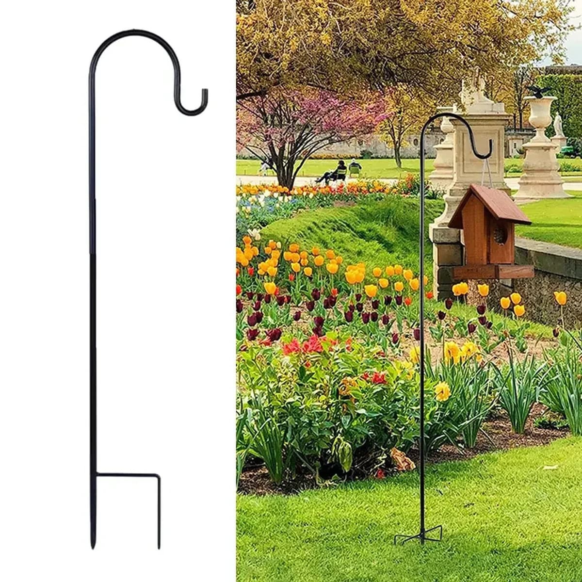 Crosse de berger en métal noir à planter, avec crochet de suspension recourbé