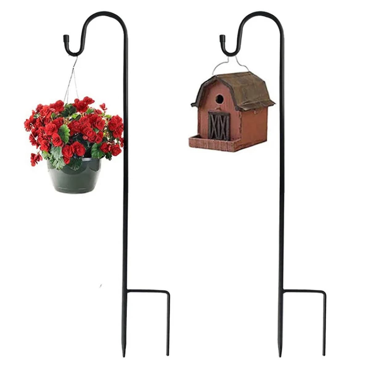Deux crosses de berger en métal noir, l'une portant un pot fleuri, l'autre un petit nichoir