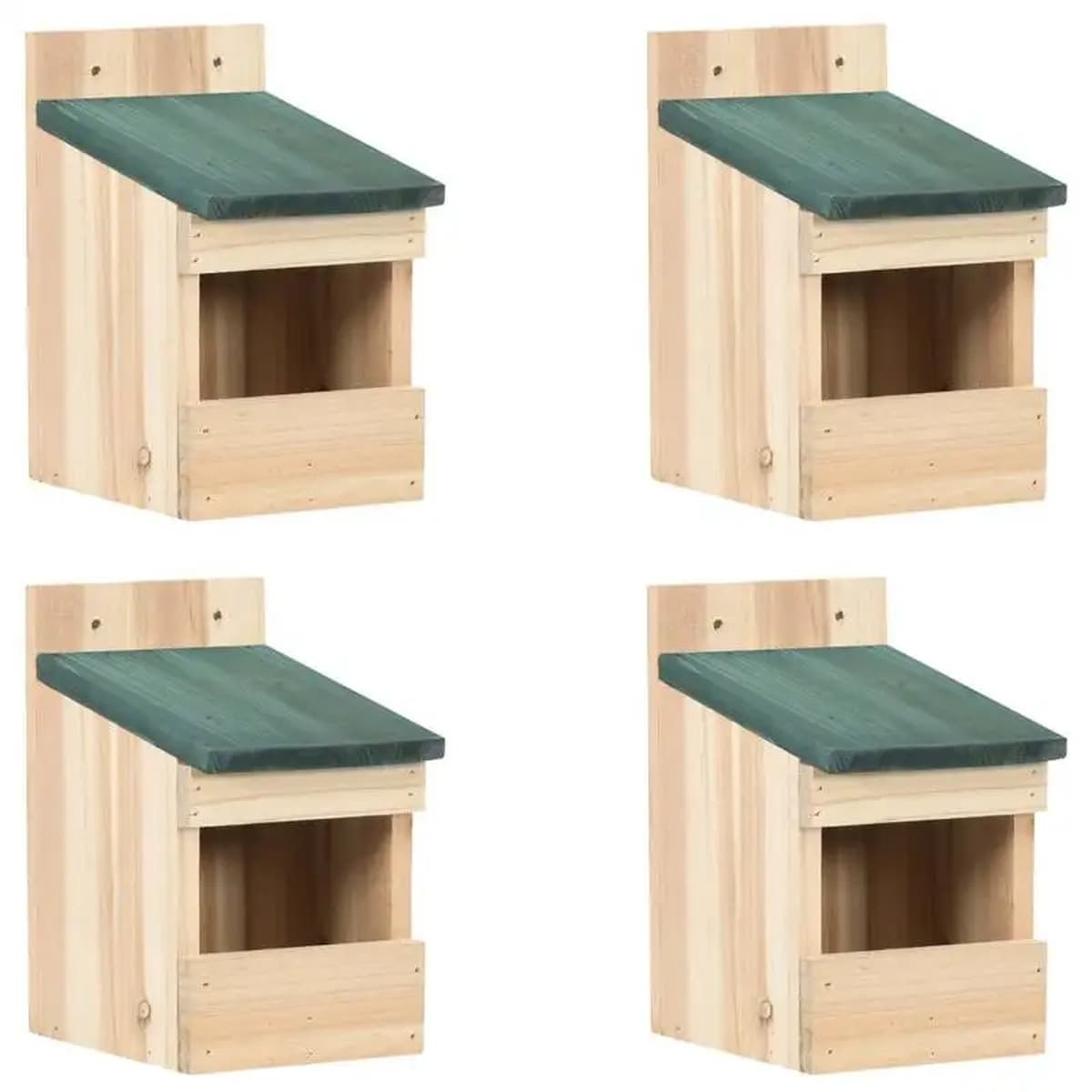 Quatre nichoirs semi-ouverts en bois de sapin à toit vert, vus de face