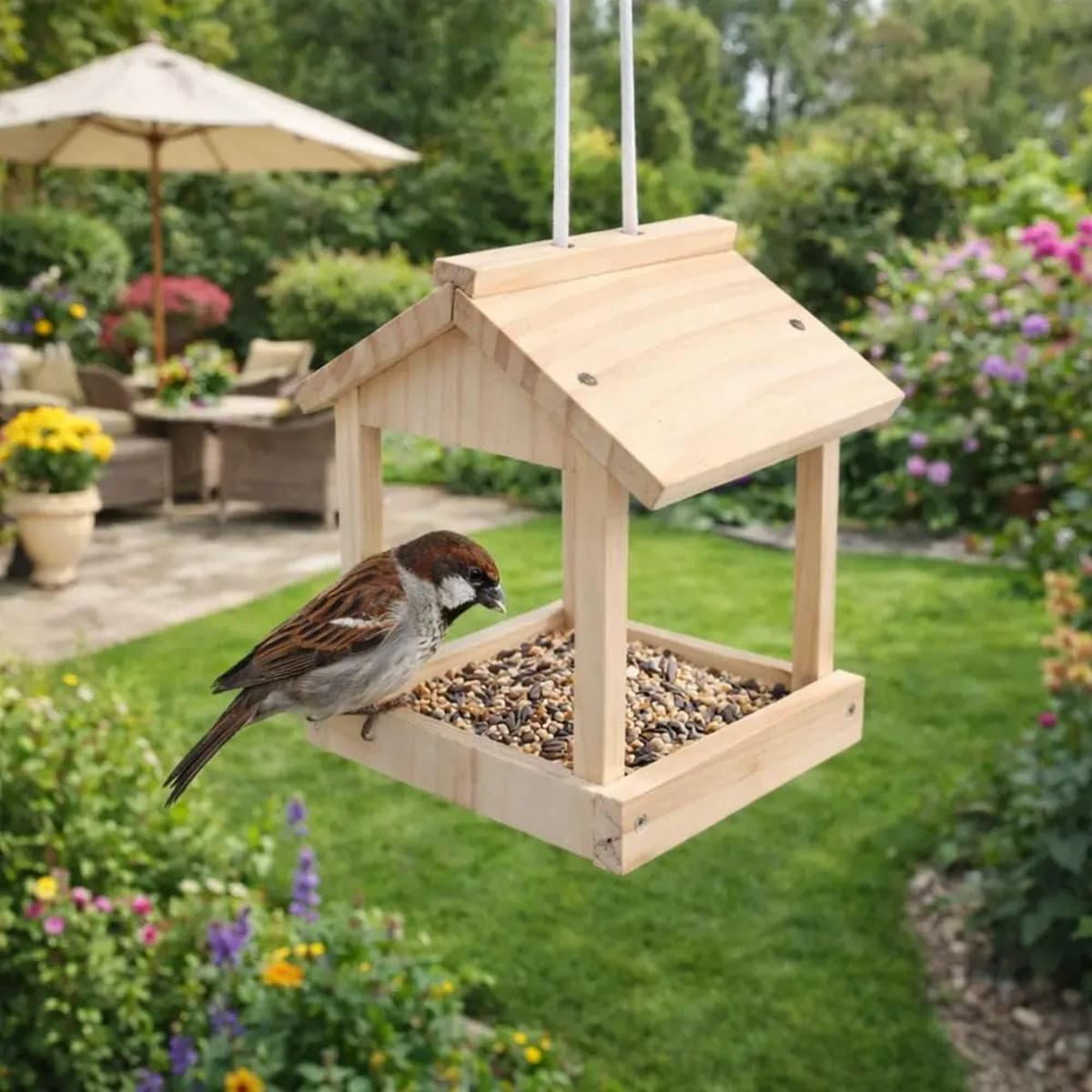 Mangeoire en bois à toit posée dans un jardin, un moineau en train de picorer sur le plateau