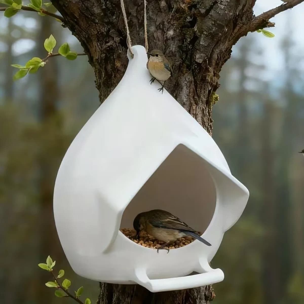 Mangeoire blanche étanche suspendue au tronc d'un arbre, un moineau posé sur le rebord