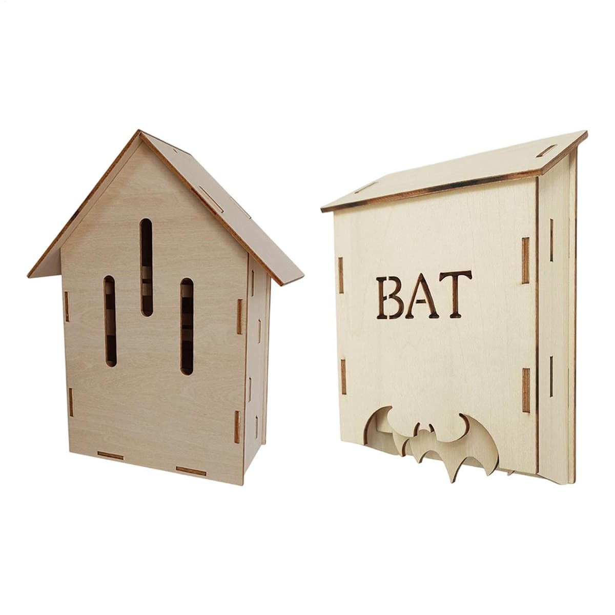 Abris à chauves-souris en bois à fente d'entrée basse, présentés de face et de profil