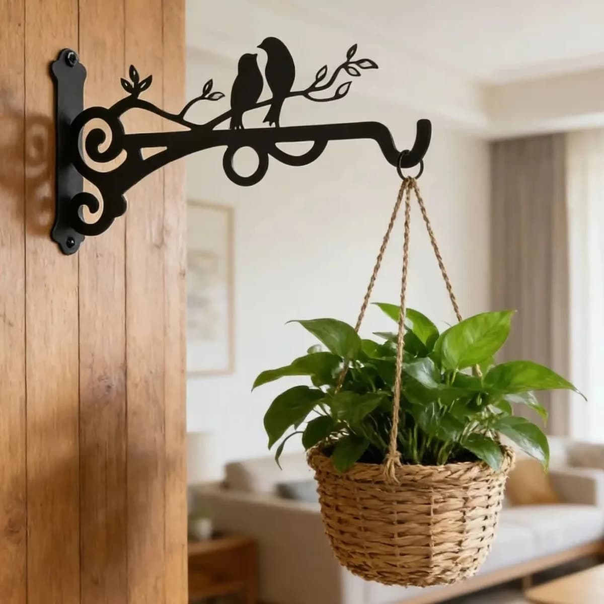 Potence murale en métal à motif d'oiseaux sur branche, avec crochet de suspension